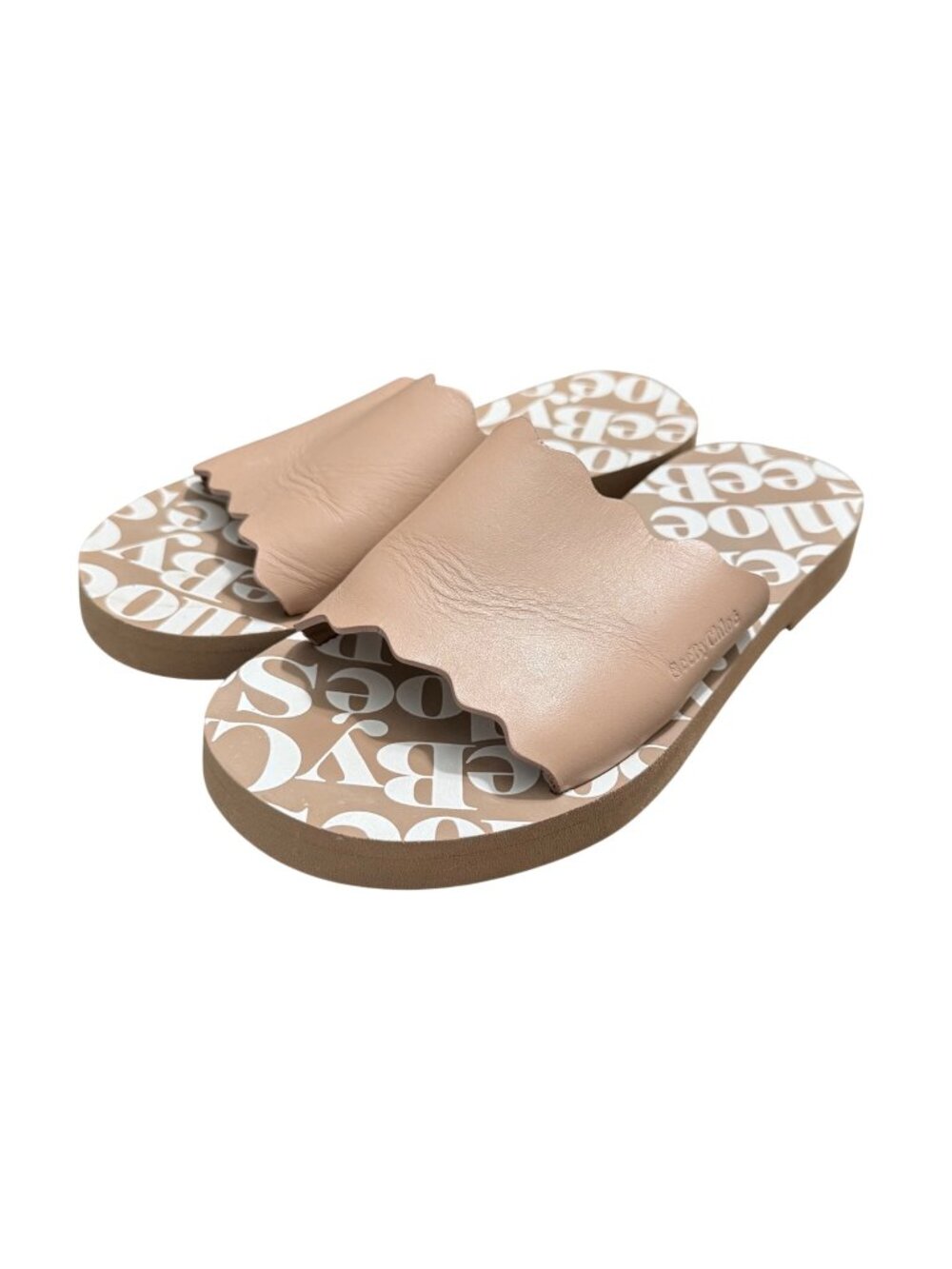 See by Chloe Essie Tan Scalloped Edge Leather Slide Sandals Womens Size 7